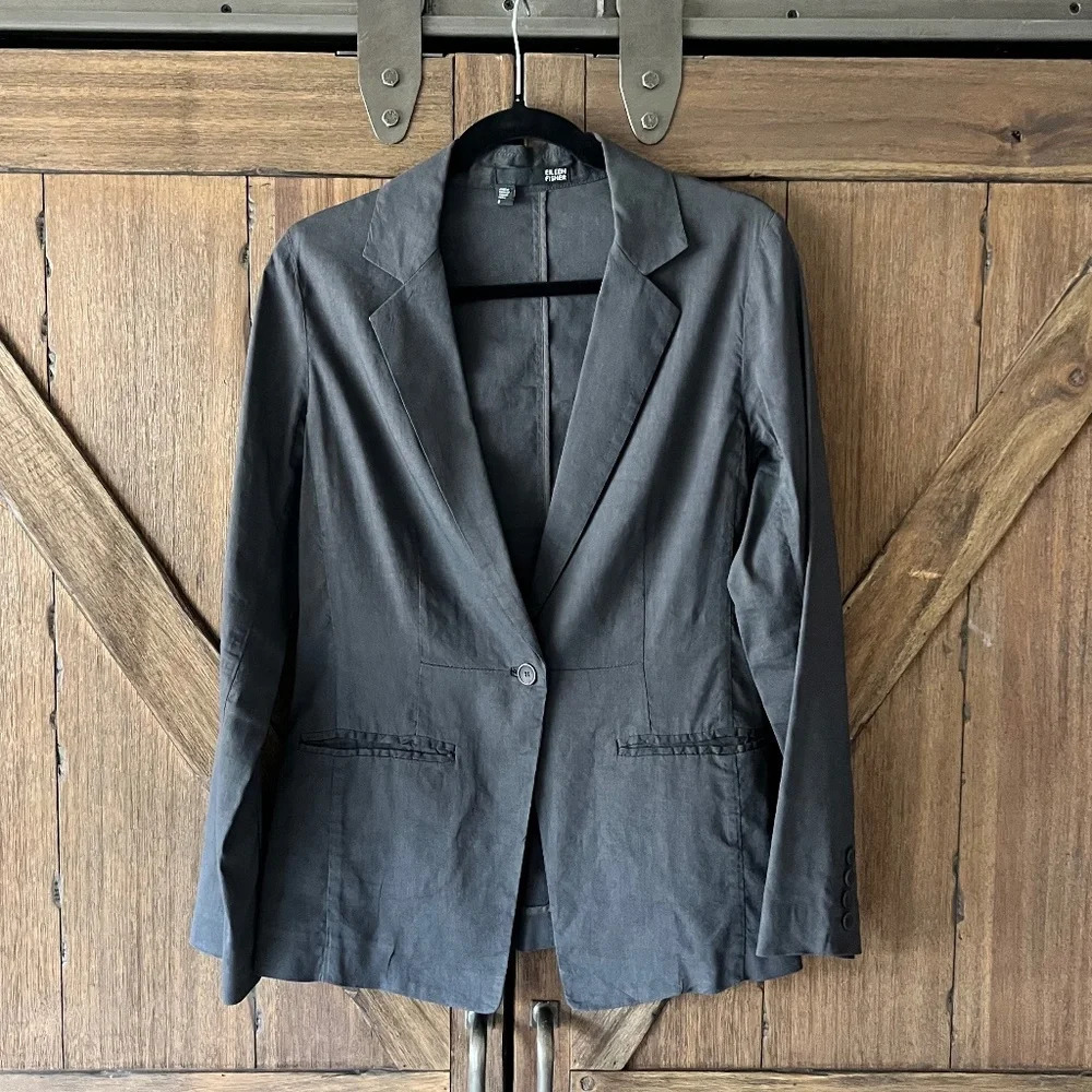 Eileen Fisher Linen Blend Single Button Grey Blazer Size 6 EUC